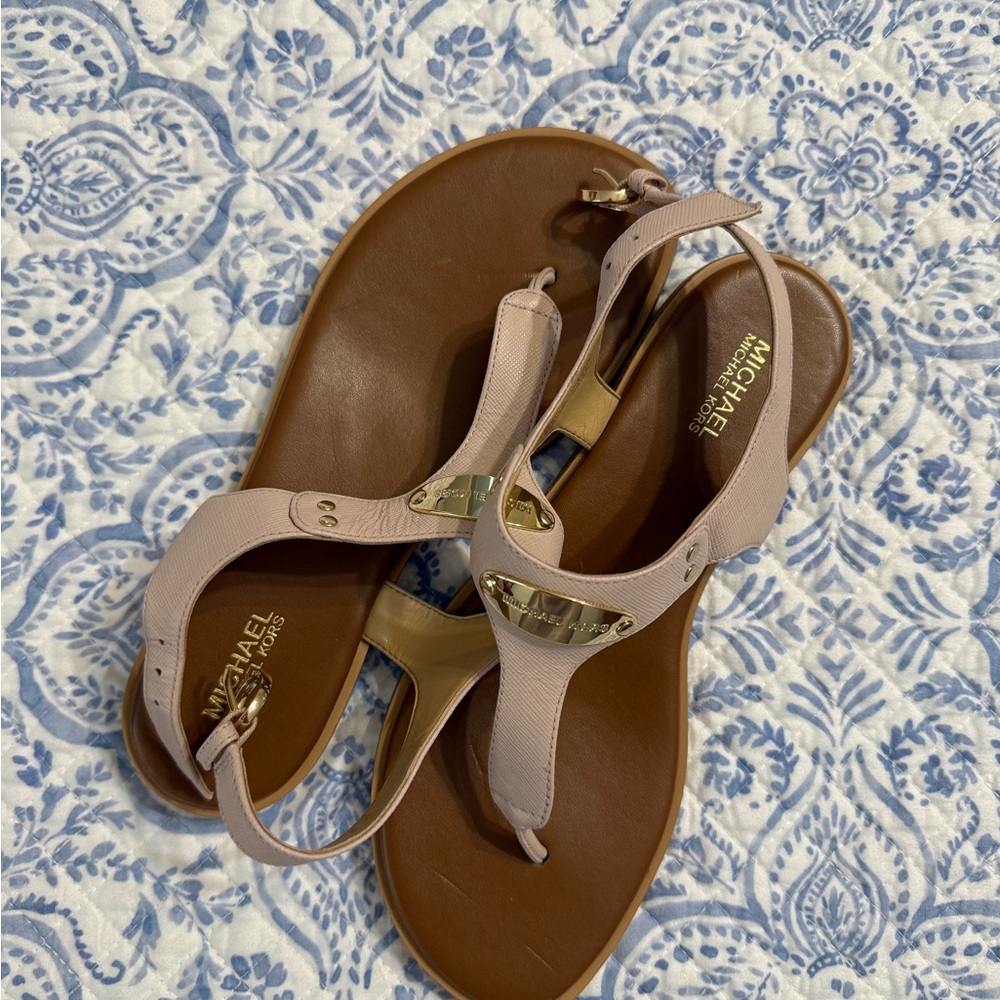 Michael Kors Blush Pink Leather Thong Sandals with Gold Accent